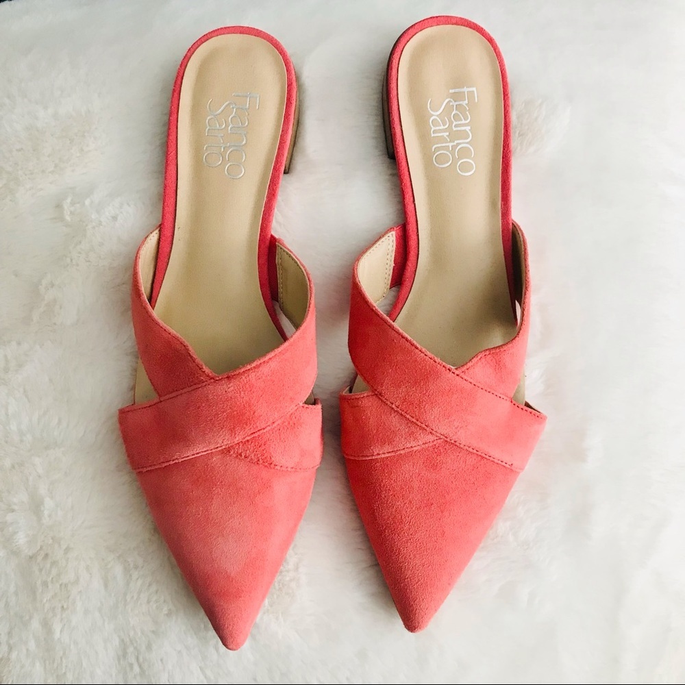 Franco Sarto Nita Suede Mules 7.5 pink coral slip ons pointed toe